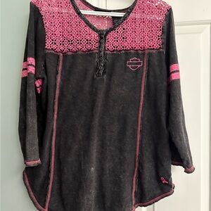 Harley-Davidson Pink and Gray Lace Top